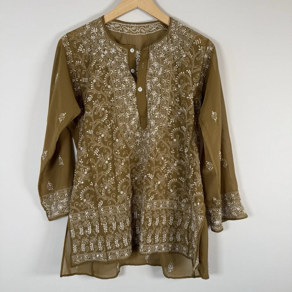 BOHO Semi Sheer Beaded Embroidered Print Pattern Sequin Popover Shirt Top Blouse